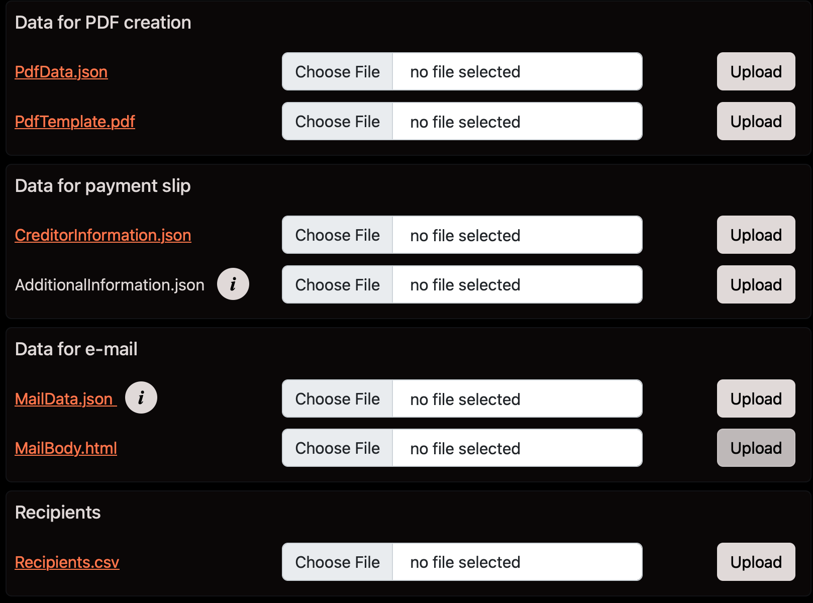 Example for an upload files section