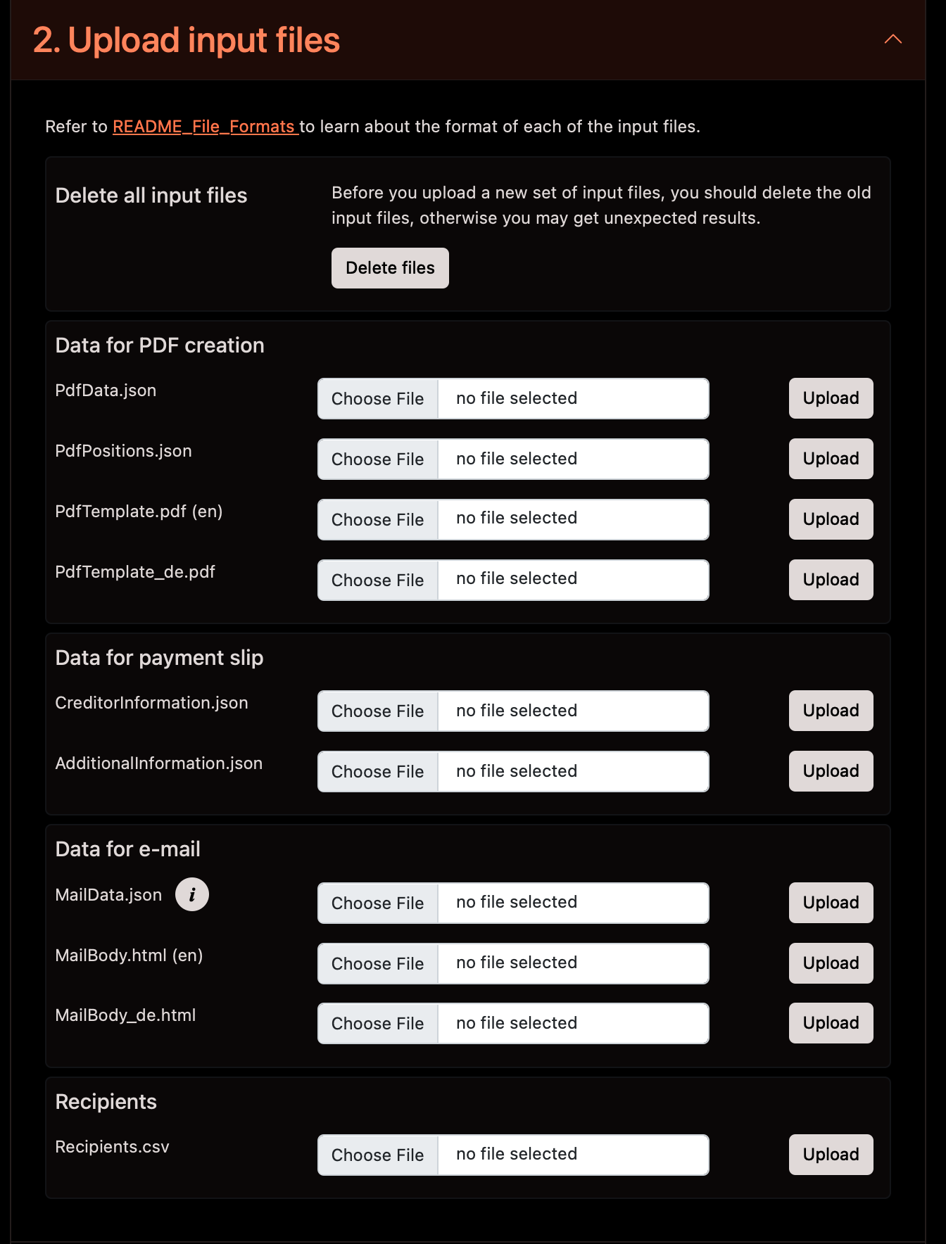 Example for an upload files section